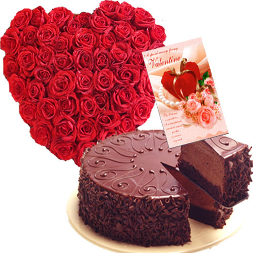 24 red roses heart with Half Kg chocolate cake and Card